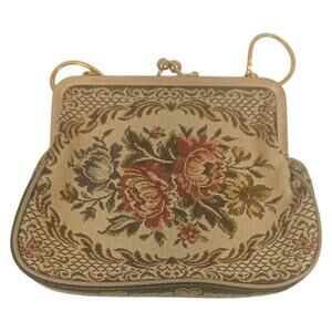 Vintage Floral Tapestry Purse Mid-Century Needlepoint Evening Bag Cottagecore